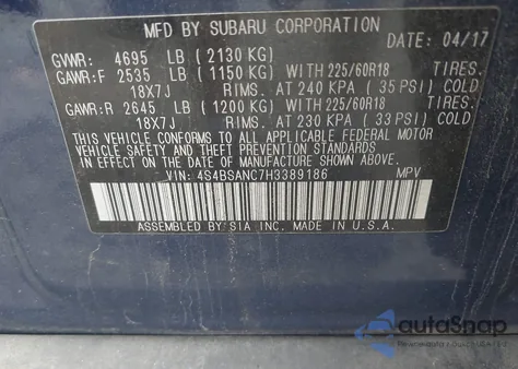 2017 Subaru Outback 2.5I Limited z USA, uszkodzony, nr VIN 4S4BSANC7H3389186